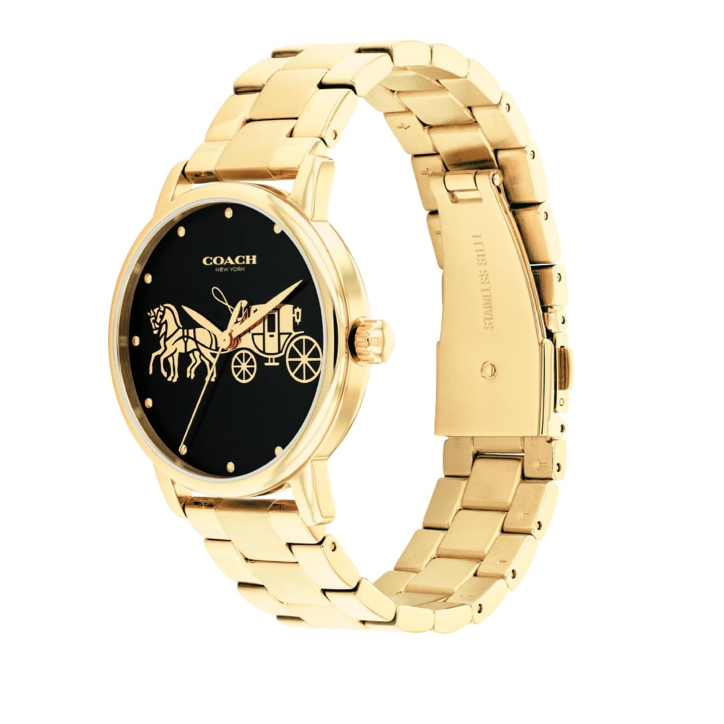 Coach Grand Qtz Basic Black Round Dial Women's Watch|Ionic Plated Thin Gold Steel Material|Gold Color Band - 14504174