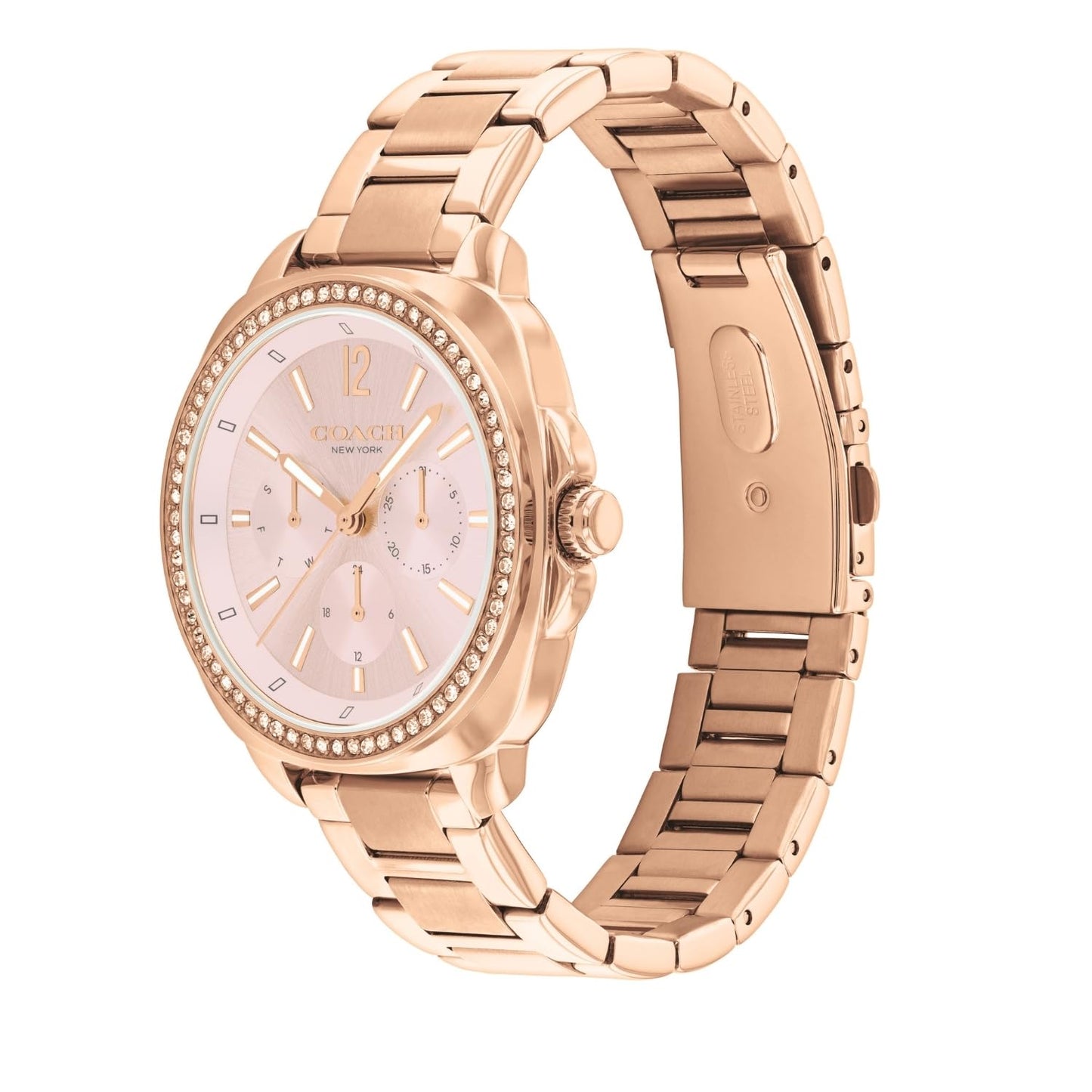 Coach Kitt Qtz Multifunction Blush Tonneau Dial Women's Watch|Ionic Plated Rose Gold Steel Material|Rose Gold Color Band
