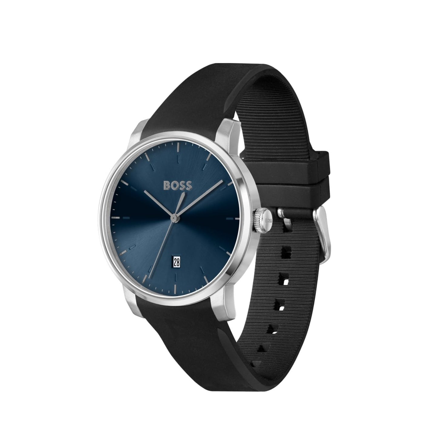 Hugo Boss Dean Qtz Basic Calendar Blue Round Dial Analog Men's Watch|Black Silicone Material|Black Color Band