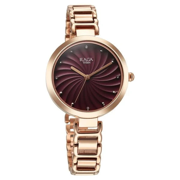 Raga Memoirs Quartz Analog Burgundy Dial With Rose Gold Color Metal Strap Watch For Women