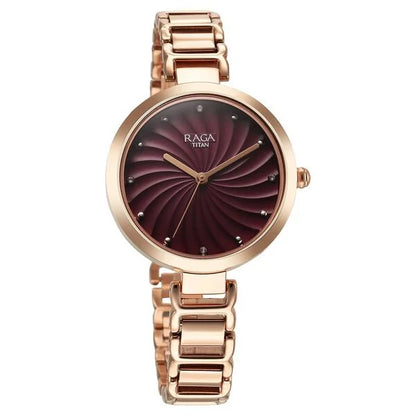Raga Memoirs Quartz Analog Burgundy Dial With Rose Gold Color Metal Strap Watch For Women