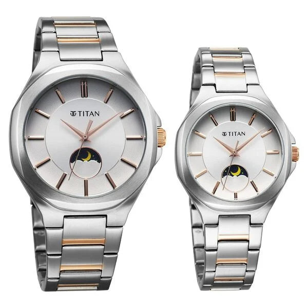 Bandhan Quartz Analog Sun-Moon Silver Dial Two Toned Stainless Steel Strap Watch For Couple