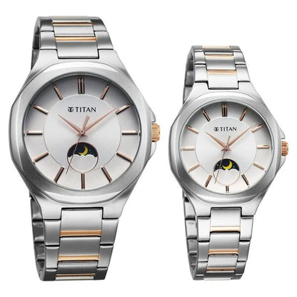 Bandhan Quartz Analog Sun-Moon Silver Dial Two Toned Stainless Steel Strap Watch For Couple