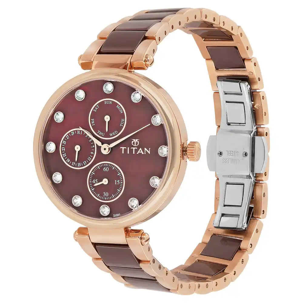 Multifunction Maroon & Ceramic Women's Watch NP95062WD01