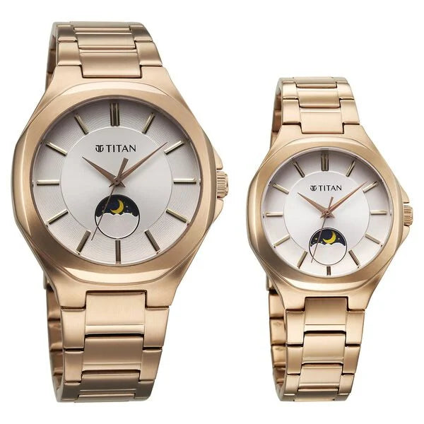 Bandhan Quartz Analog With Sun - Moon Silver Dial Rose Gold Stainless Steel Strap Watch For Couple