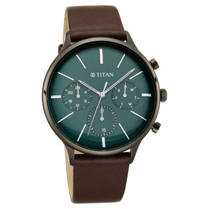 Quartz Multifunction Green Dial Leather Strap Watch for Men NS90134QL01