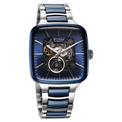 Ceramic Fusion Automatic Square Blue Dial Silver Dual-Toned Stainless Steel Bracelet Watch for Men 90175KD02