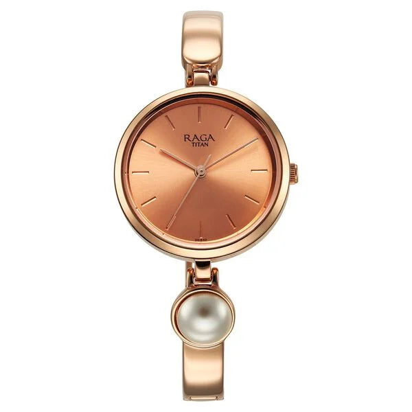 Raga Power Pearls Quartz Analog Rose Gold Dial Metal Strap with pearl Watch for Women