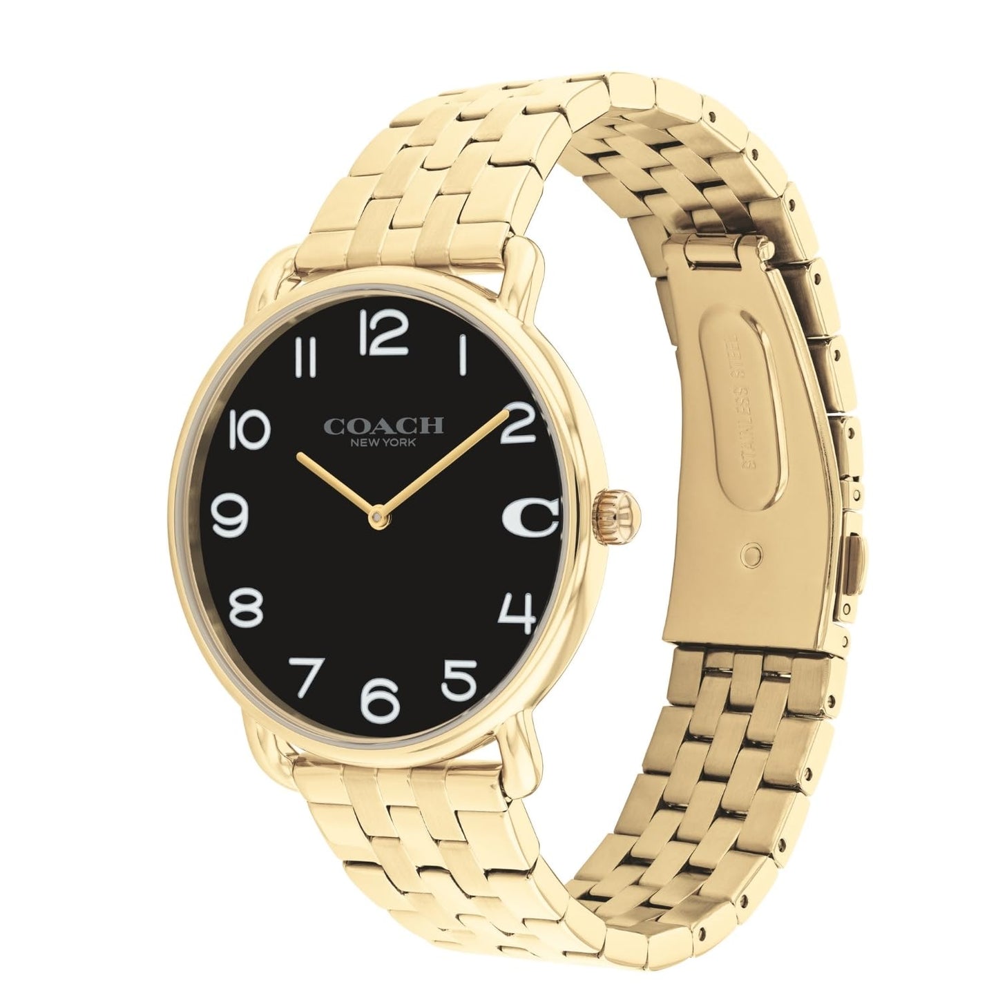 Coach Elliot Qtz Basic Black Round Dial Men's Watch|Ionic Plated Thin Gold Steel Material|Gold Color Band