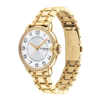 Coach Arden Qtz Basic Silver White Round Dial Women's Watch|Ionic Plated Thin Gold Steel Material|Gold Color Band - 14503810