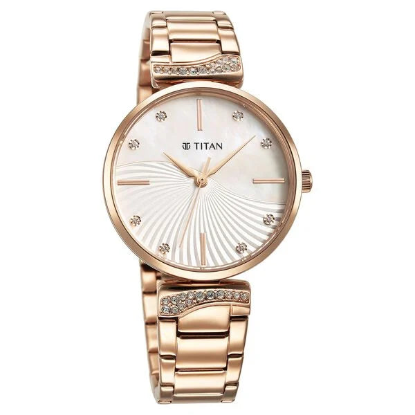 Purple Style Up Quartz Analog Mother Of Pearl Dial Stainless Steel Strap Watch for Women
