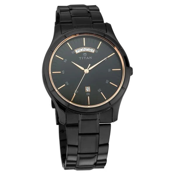 Quartz Analog with Day and Date Black Dial Stainless Steel Strap Watch for Men