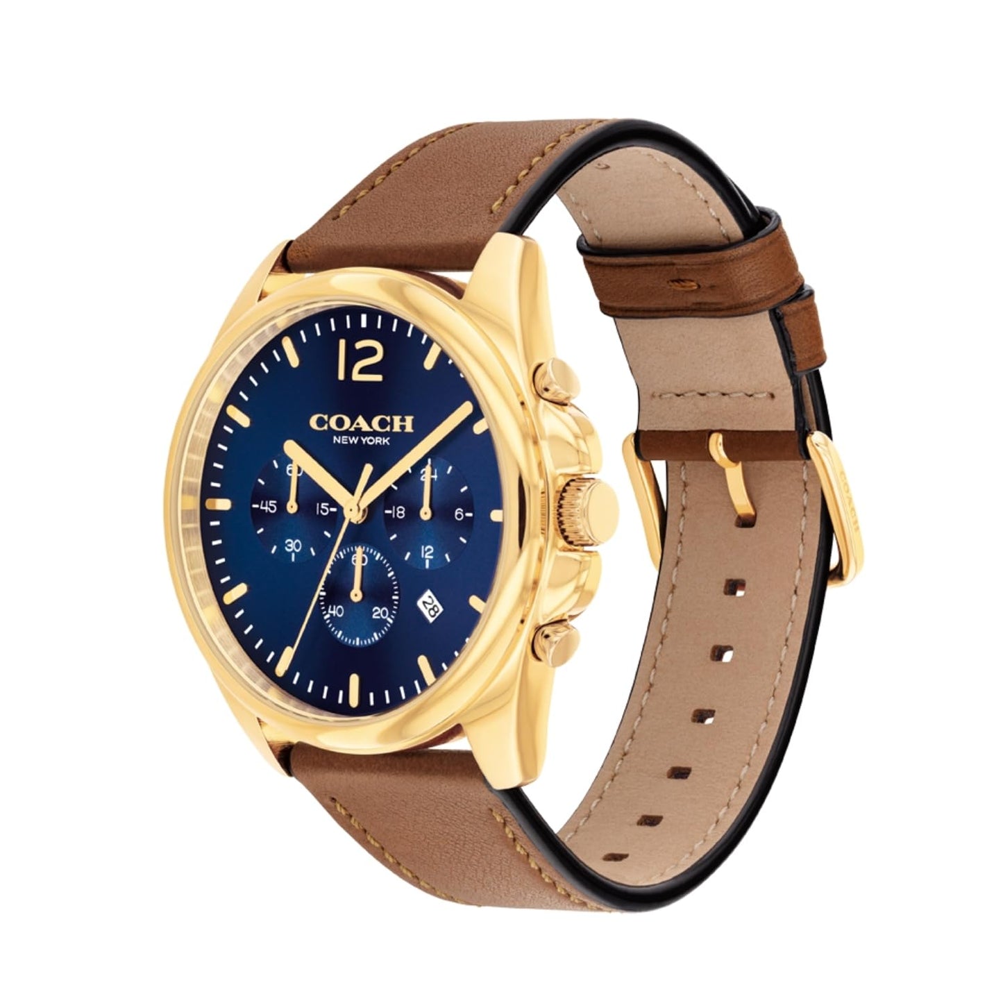 Coach Greyson Qtz Fashion Chrono Dark Blue Round Dial Men's Watch|Saddle Calfskin Material|Saddle Color Band