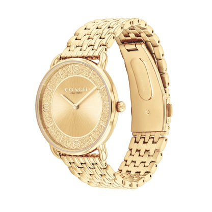 Coach Elliot Qtz Basic Gold Round Dial Women's Watch|Ionic Plated Thin Gold Steel Material|Gold Color Band