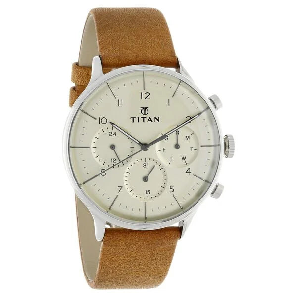 Quartz Multifunction Silver Dial Leather Strap Watch for Men