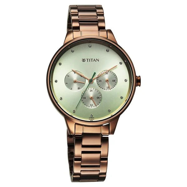 Razzle Dazzle Quartz Analog with Day and Date Green Dial Brown Stainless Steel Strap Watch For Women