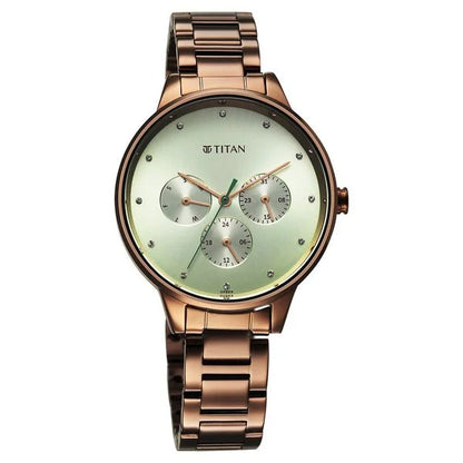 Razzle Dazzle Quartz Analog with Day and Date Green Dial Brown Stainless Steel Strap Watch For Women