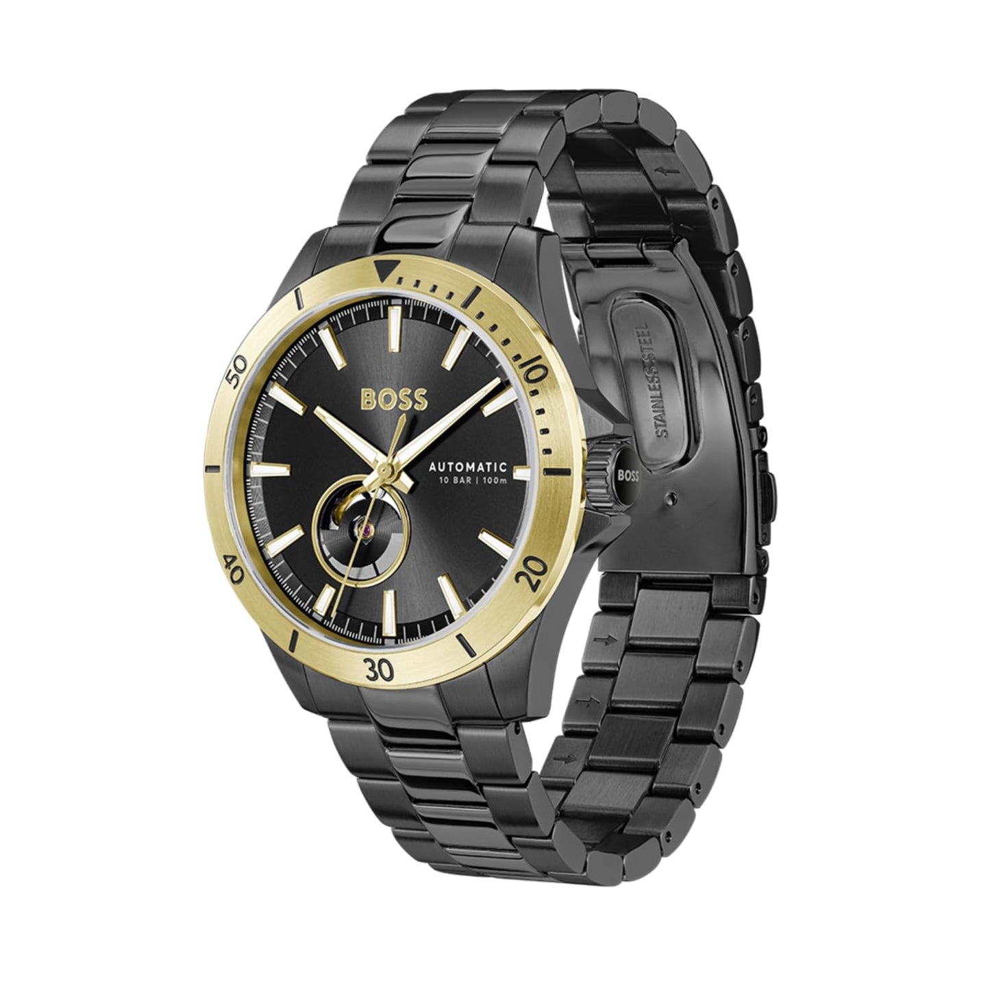 Boss Troper Automatic Mech-Automatic Black Round Dial Men's Watch|Ionic Plated Black Steel Material|Black Color Band 1514203