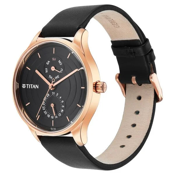 Neo Workdays Black Dial Quartz Multifunction Leather Strap watch for Women