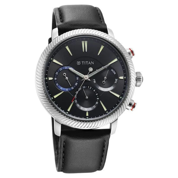 Stellar Quartz Multifunction Black Dial Leather Strap Watch for Men