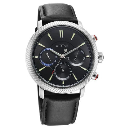 Stellar Quartz Multifunction Black Dial Leather Strap Watch for Men