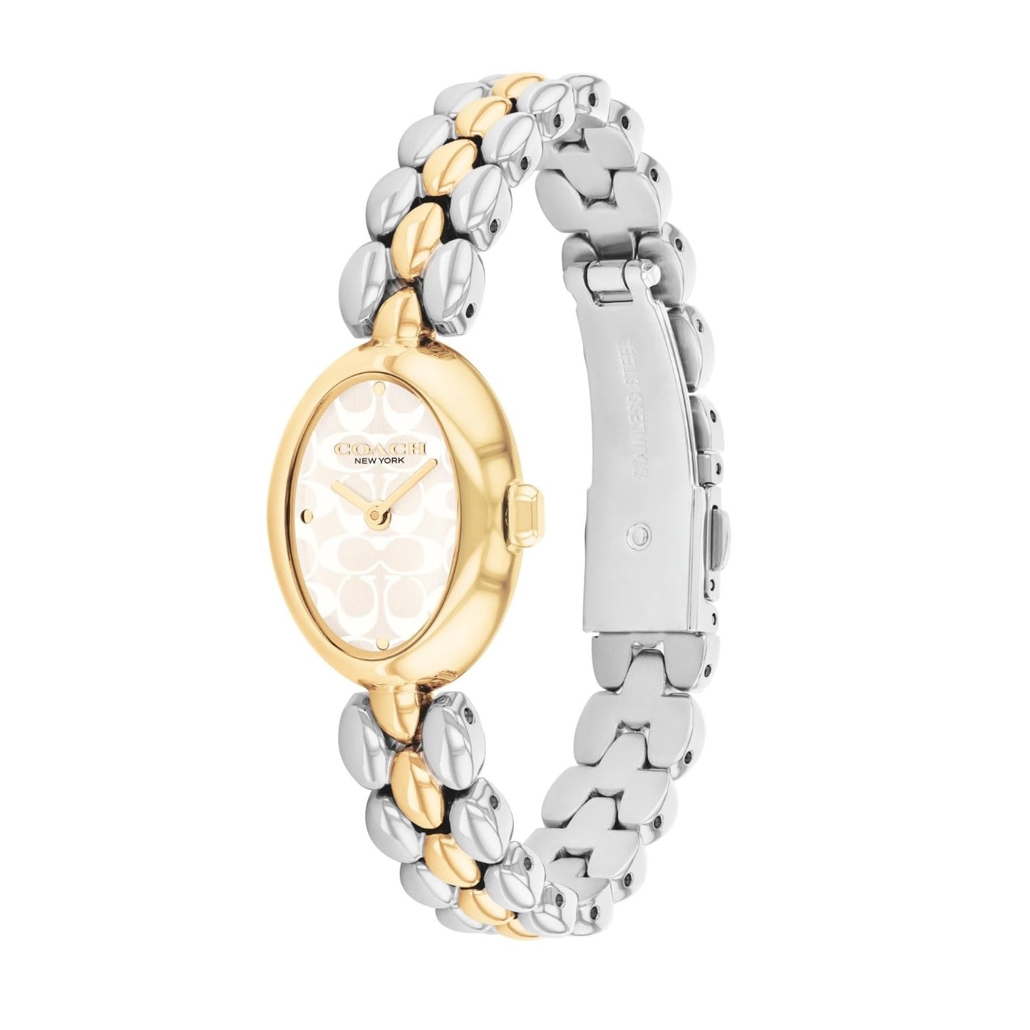Coach Sammy Qtz Basic Silver White Oval Dial Women's Watch|Stainless Steel & Ionic Plated Thin Gold Steel Material|Gold Color Band