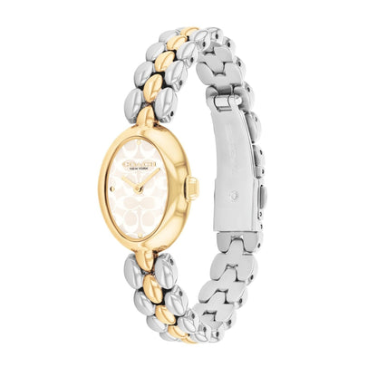 Coach Sammy Qtz Basic Silver White Oval Dial Women's Watch|Stainless Steel & Ionic Plated Thin Gold Steel Material|Gold Color Band