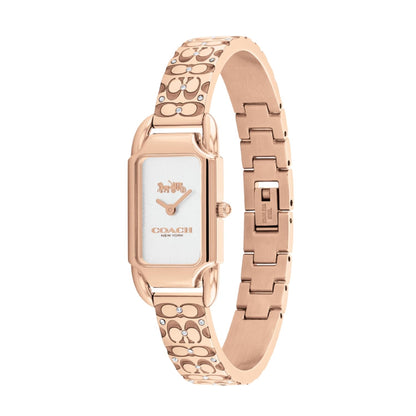 Coach Cadie Qtz Basic Silver White Rectangle Dial Women's Watch|Ionic Plated Rose Gold Steel & Crystals Material|Gold Color Band - 14504197