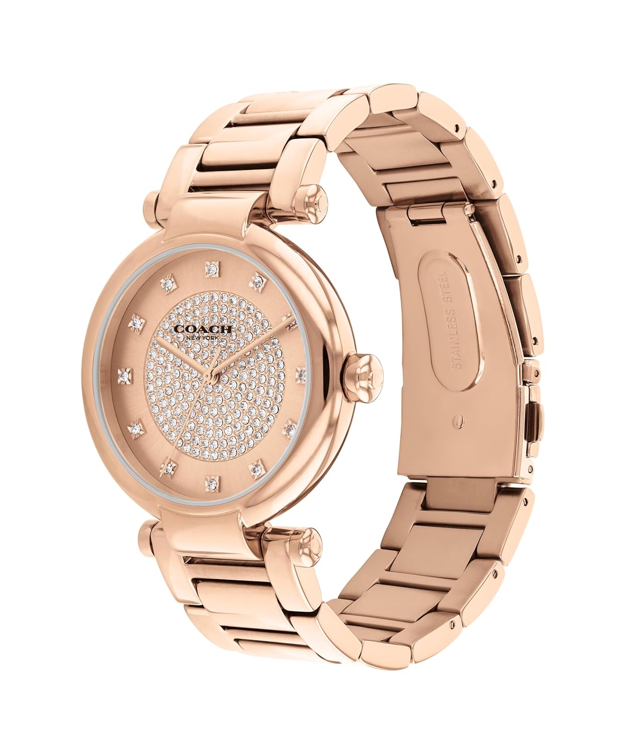 Coach Cary Qtz Basic Carnation Gold Round Dial Women's Watch|Ionic Plated Rose Gold Steel Material|Gold Color Band - 14504254