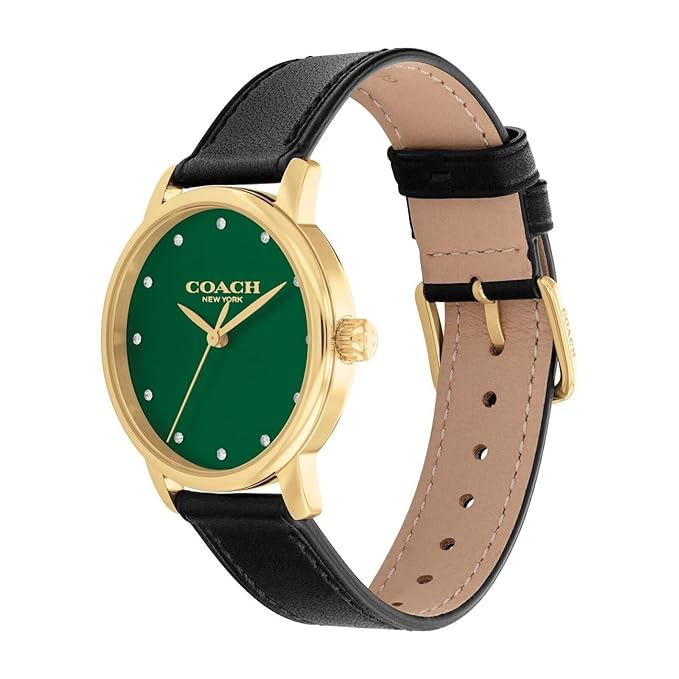 COACH 14503972 Green Dial Black Leather Strap Ladies Grand 36mm Watch, Green