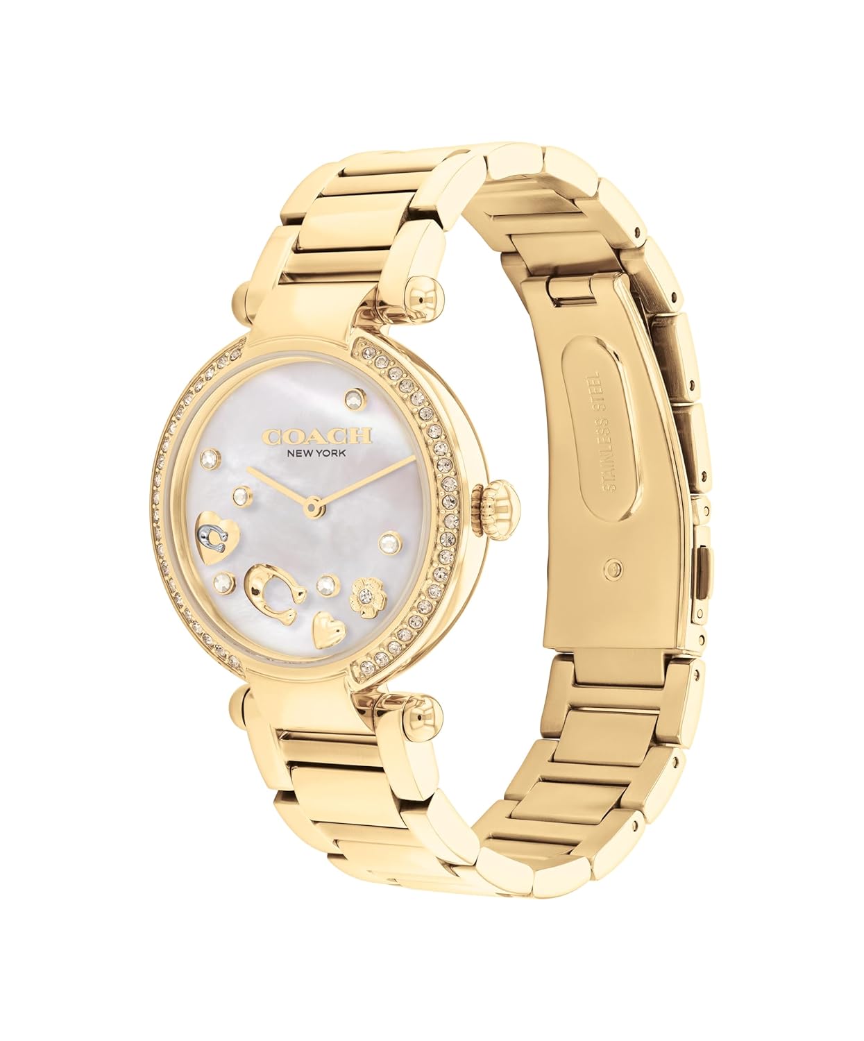 COACH Cary Qtz Basic White Mother of Pearl Round Dial Women's Watch|Ionic Plated Thin Gold Steel Material|Gold Color Band - 14504265