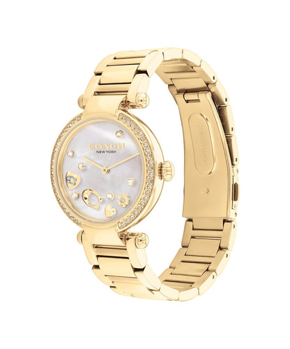 COACH Cary Qtz Basic White Mother of Pearl Round Dial Women's Watch|Ionic Plated Thin Gold Steel Material|Gold Color Band - 14504265