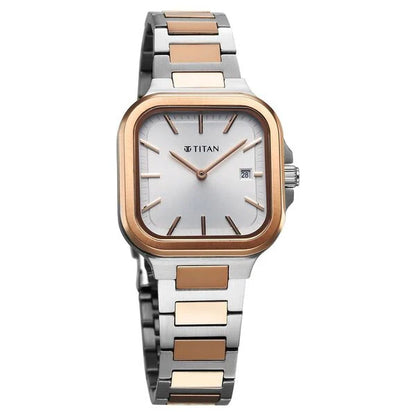 Slim Square Quartz Analog with Date Silver Dial With Two Toned Color Stainless Steel Strap Watch For Women