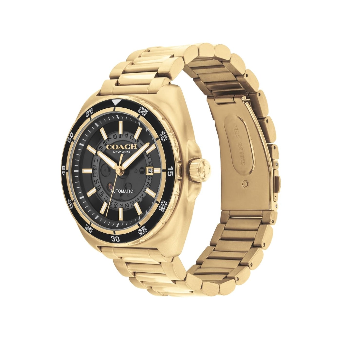 Coach Charter China Auto Black Tonneau Dial Men's Watch|Ionic Plated Thin Gold Steel Material|Gold Color Band
