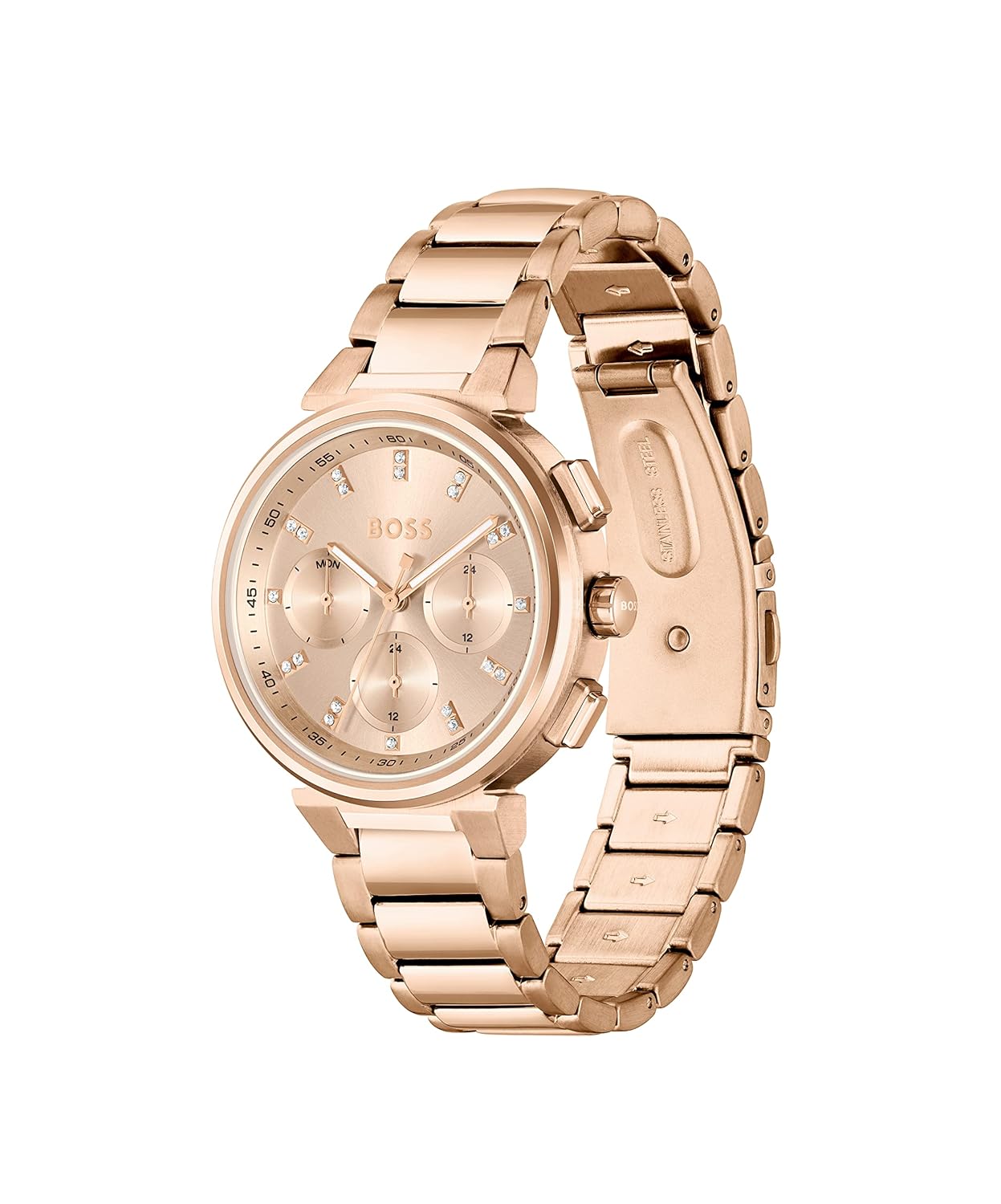 BOSS One Qtz Multifunction Carnation Gold Round Dial Women's Watch|Ionic Plated Carnation Gold Steel Material|Gold Color Band
