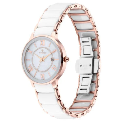 Quartz Analog with Date Mother of Pearl Dial Stainless Steel & Ceramic Strap Watch for Women