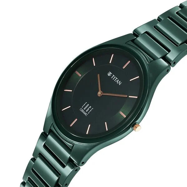 Edge Ceramic Slim Ceramic Strap Glossy Green Dial Analog Watch for Men