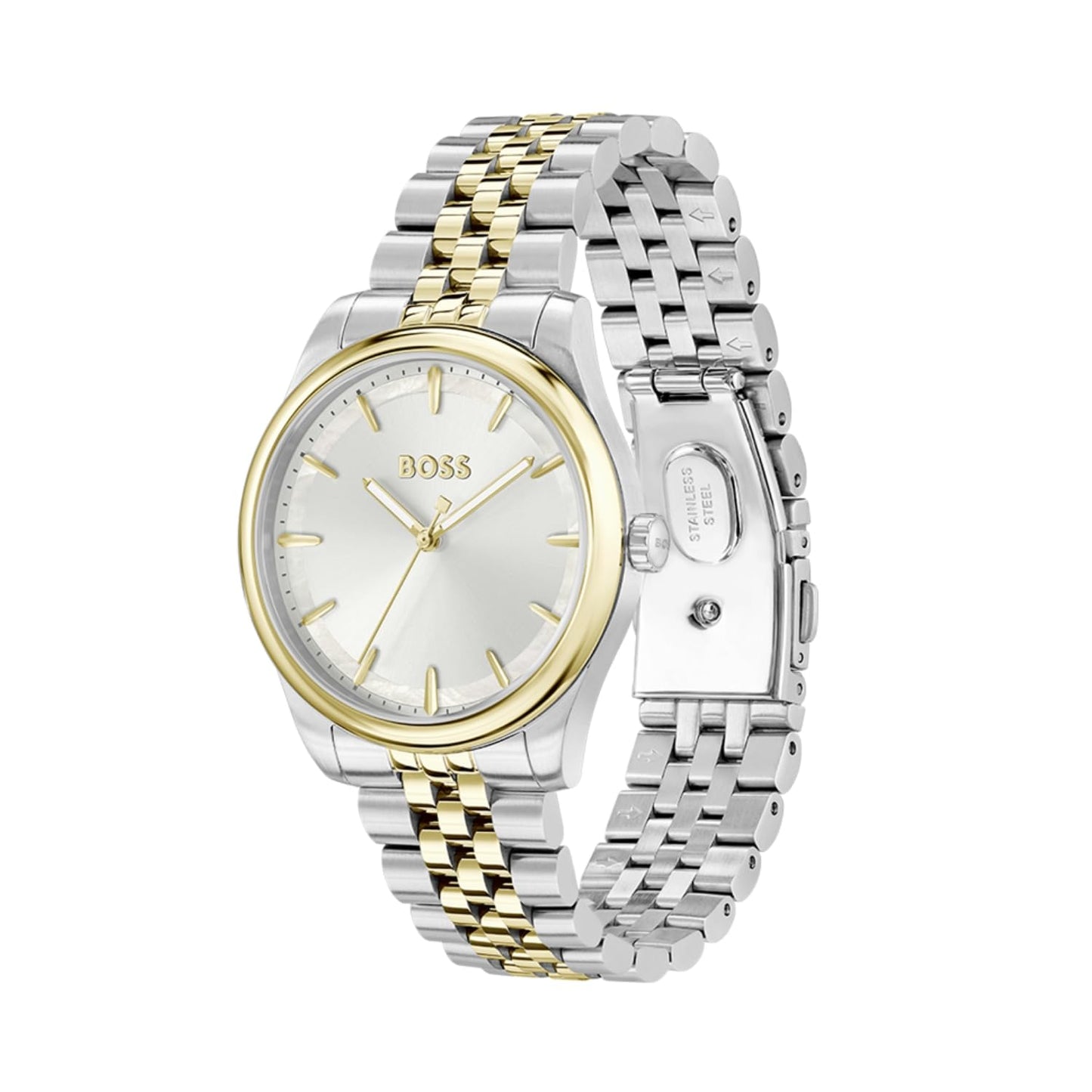 Boss Graceful Qtz Basic Silver Mother of Pearl Round Dial Women's Watch|Two Tone Stainless Steel Material|Silver Color Band 1502779