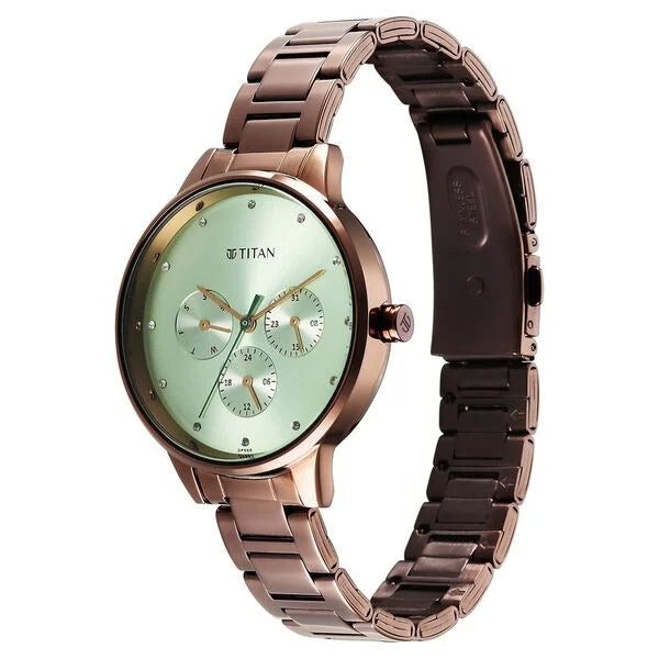 Razzle Dazzle Quartz Analog with Day and Date Green Dial Brown Stainless Steel Strap Watch For Women