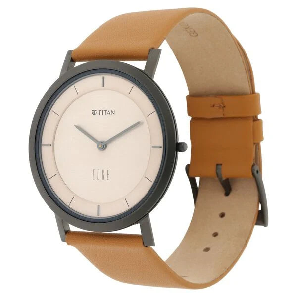 Edge Slim Leather Strap Beige Dial Analog Watch for Men