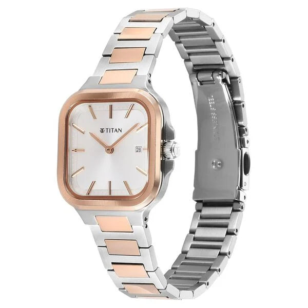 Slim Square Quartz Analog with Date Silver Dial With Two Toned Color Stainless Steel Strap Watch For Women