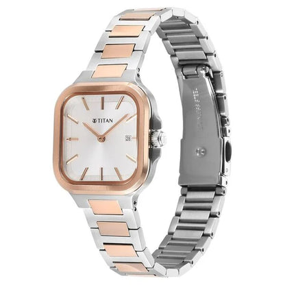 Slim Square Quartz Analog with Date Silver Dial With Two Toned Color Stainless Steel Strap Watch For Women