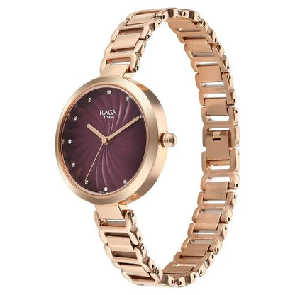 Raga Memoirs Quartz Analog Burgundy Dial With Rose Gold Color Metal Strap Watch For Women
