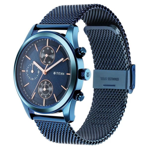 Men's Sartorial Neo Splash: Blue Dial Multifunction Watch with Mesh Strap