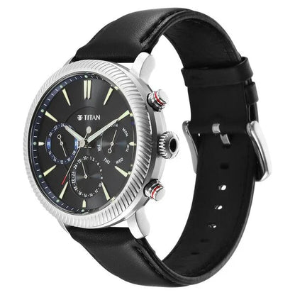 Stellar Quartz Multifunction Black Dial Leather Strap Watch for Men