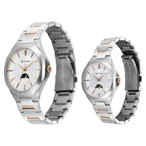 Bandhan Quartz Analog Sun-Moon Silver Dial Two Toned Stainless Steel Strap Watch For Couple