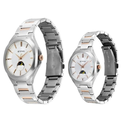 Bandhan Quartz Analog Sun-Moon Silver Dial Two Toned Stainless Steel Strap Watch For Couple