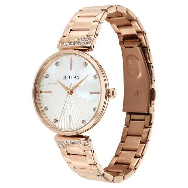 Purple Style Up Quartz Analog Mother Of Pearl Dial Stainless Steel Strap Watch for Women