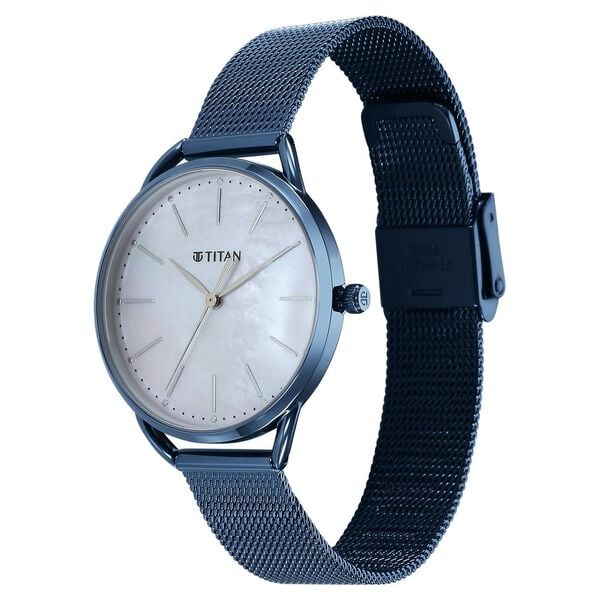 Slimline Quartz Analog Mother Of Pearl Dial Blue Stainless Steel Strap Watch for Women