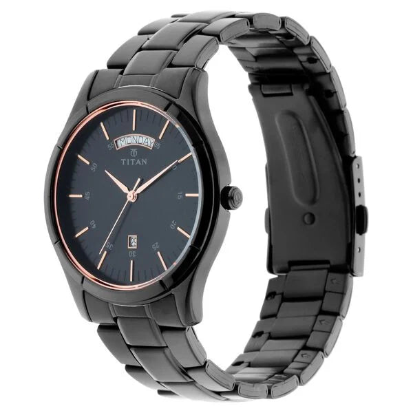 Quartz Analog with Day and Date Black Dial Stainless Steel Strap Watch for Men